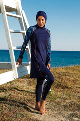 ملابس سباحة محتشمة بوركيني من الليكرا باللون الأزرق البحري M2230