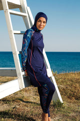 ملابس سباحة محتشمة بوركيني من الليكرا باللون الأزرق البحري M2230