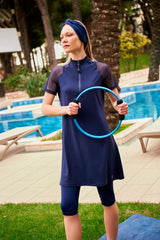 ملابس سباحة محتشمة بوركيني من الليكرا باللون الأزرق البحري M2449