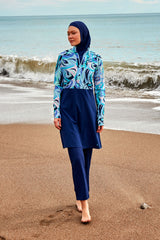 ملابس سباحة محتشمة بوركيني منسوجة باللون الأزرق البحري M2498