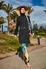 ملابس سباحة محتشمة بوركيني من الليكرا باللون الأسود M2469