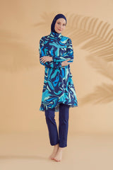 ملابس سباحة محتشمة بوركيني من الليكرا باللون الأزرق البحري M2334