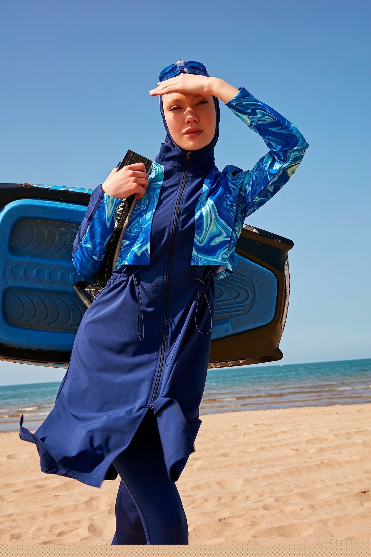 ملابس سباحة محتشمة بوركيني منسوجة باللون الأزرق البحري M2319