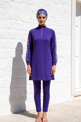 Royal Blue 3 Piece Printed Sleeve Burkini Set – Full Coverage Modest Swimwear M2228