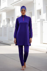 Royal Blue 3 Piece Printed Sleeve Burkini Set – Full Coverage Modest Swimwear M2228