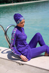 Royal Blue 3 Piece Printed Sleeve Burkini Set – Full Coverage Modest Swimwear M2228