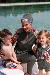 Khaki Printed 4 Piece Burkini Set – Full Coverage Modest Swimwear M2229