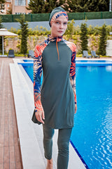 Khaki Printed 4 Piece Burkini Set – Full Coverage Modest Swimwear M2229