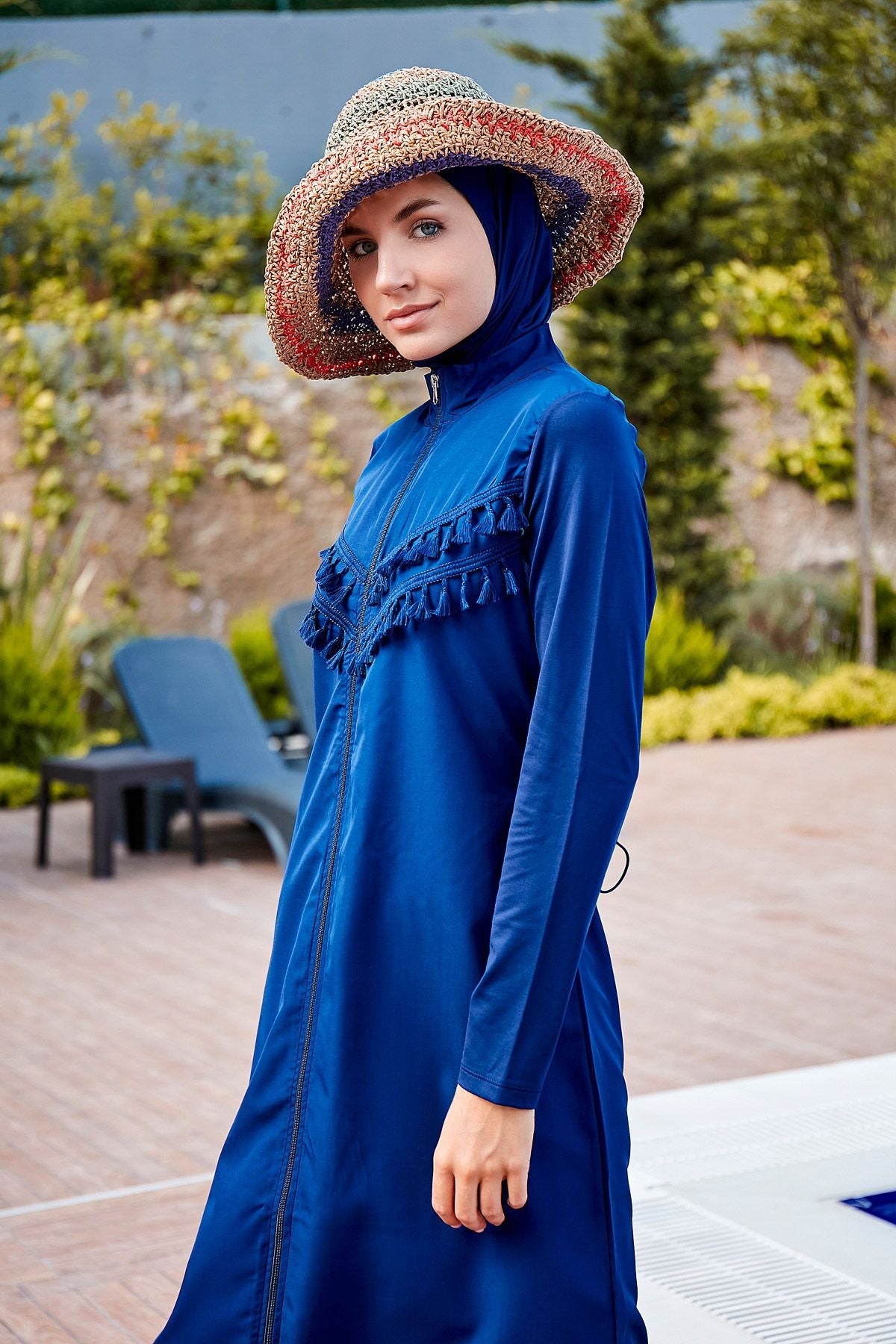 ملابس سباحة محتشمة بوركيني منسوجة باللون الأزرق البحري 1998