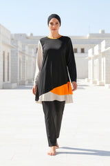 Fully Covered Black Patterned Lycra Burkini Modest Swimwear Set – 4 Piece Model M2115