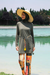Khaki 3 Piece Tie-Waist Burkini Set – Full Coverage Modest Swimwear M2226