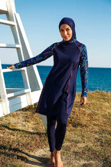3 Piece Navy Printed Full Coverage Modest Swimwear Set – M2230