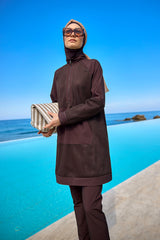 Brown Full Coverage Tulle Detail Modest Swimwear Burkini Set M2534-4