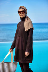Brown Full Coverage Tulle Detail Modest Swimwear Burkini Set M2534-4