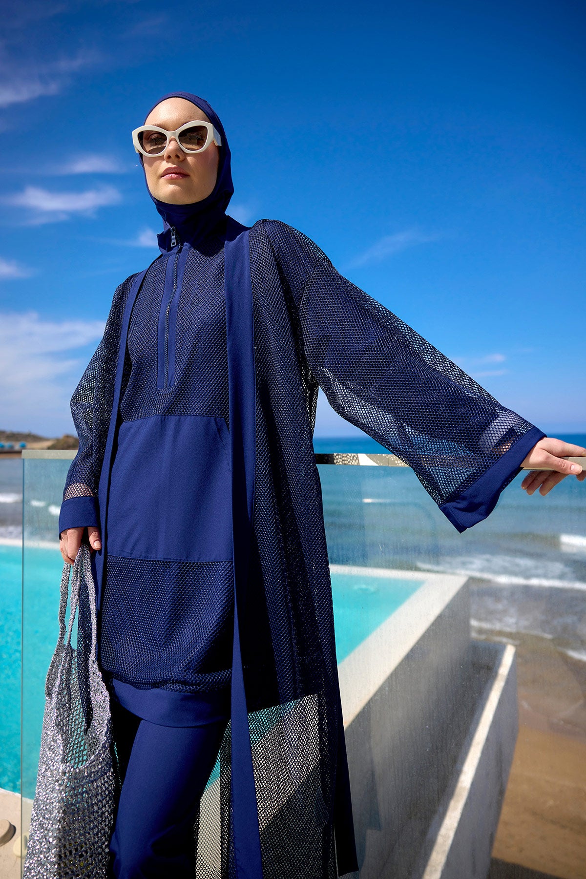 Navy Full Length Modest Mesh Kimono – Lightweight Islamic Swim Cover P2501-2