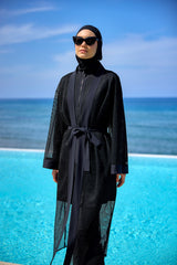 Black Full Coverage Mesh Kimono – Lightweight Islamic Beach Cover-Up P2501-1
