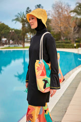 ملابس سباحة محتشمة بوركيني من الليكرا باللون الأسود M2473