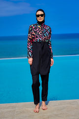 طقم ملابس سباحة أسود بتغطية كاملة للنساء R2507