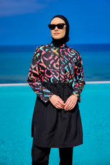 طقم ملابس سباحة أسود بتغطية كاملة للنساء R2507