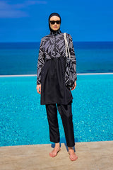 طقم ملابس سباحة محتشمة بتغطية كاملة باللون الأسود للنساء R2509