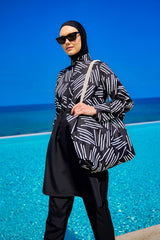 طقم ملابس سباحة محتشمة بتغطية كاملة باللون الأسود للنساء R2509