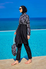 طقم ملابس سباحة محتشمة بتغطية كاملة باللون الأسود للنساء R2509