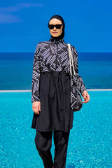 طقم ملابس سباحة محتشمة بتغطية كاملة باللون الأسود للنساء R2509