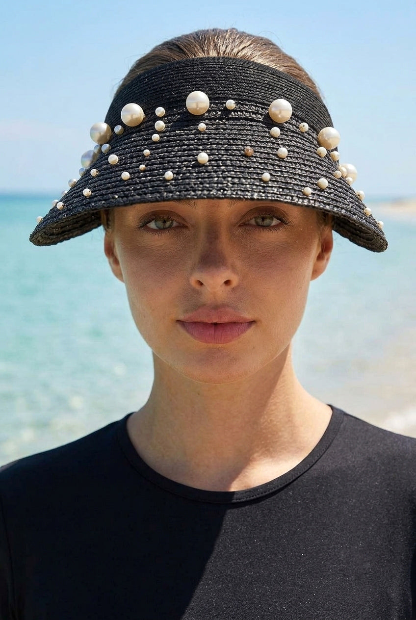 Black Pearl Raffia Straw Visor Hat HSR2602-1