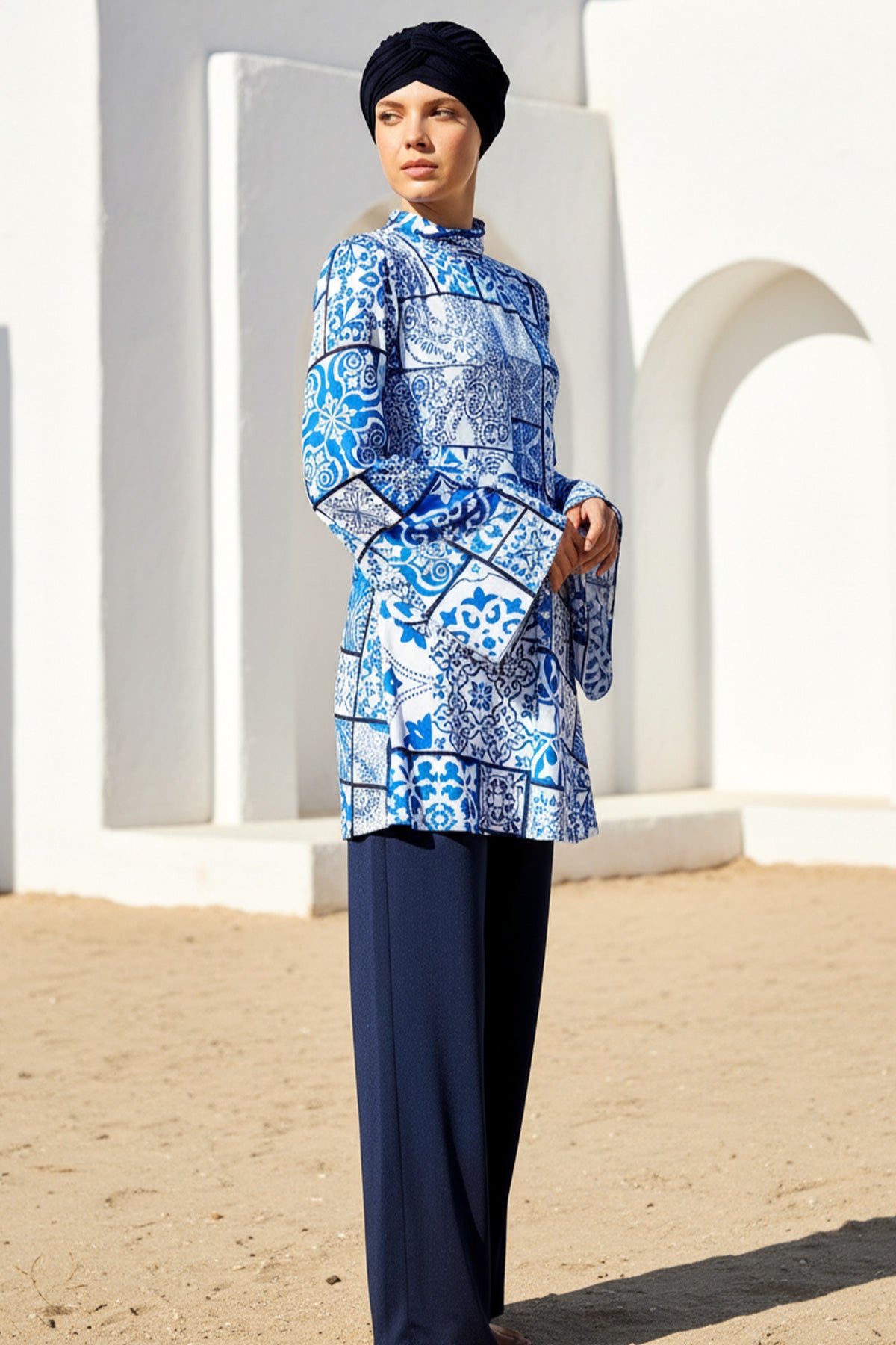 Fully Covered Navy Blue Patterned Lycra Burkini Modest Swimwear Set – 4 Piece Model 1950