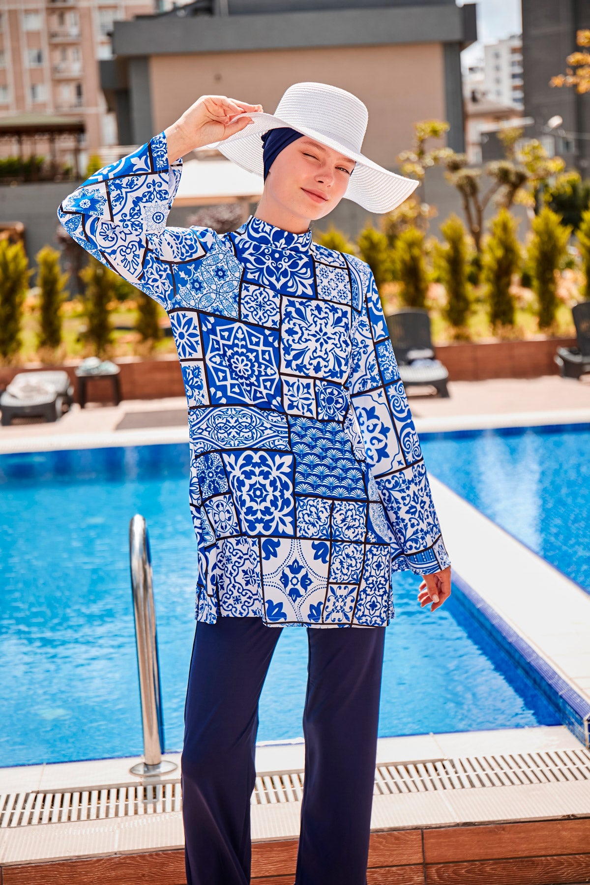 Fully Covered Navy Blue Patterned Lycra Burkini Modest Swimwear Set – 4 Piece Model 1950