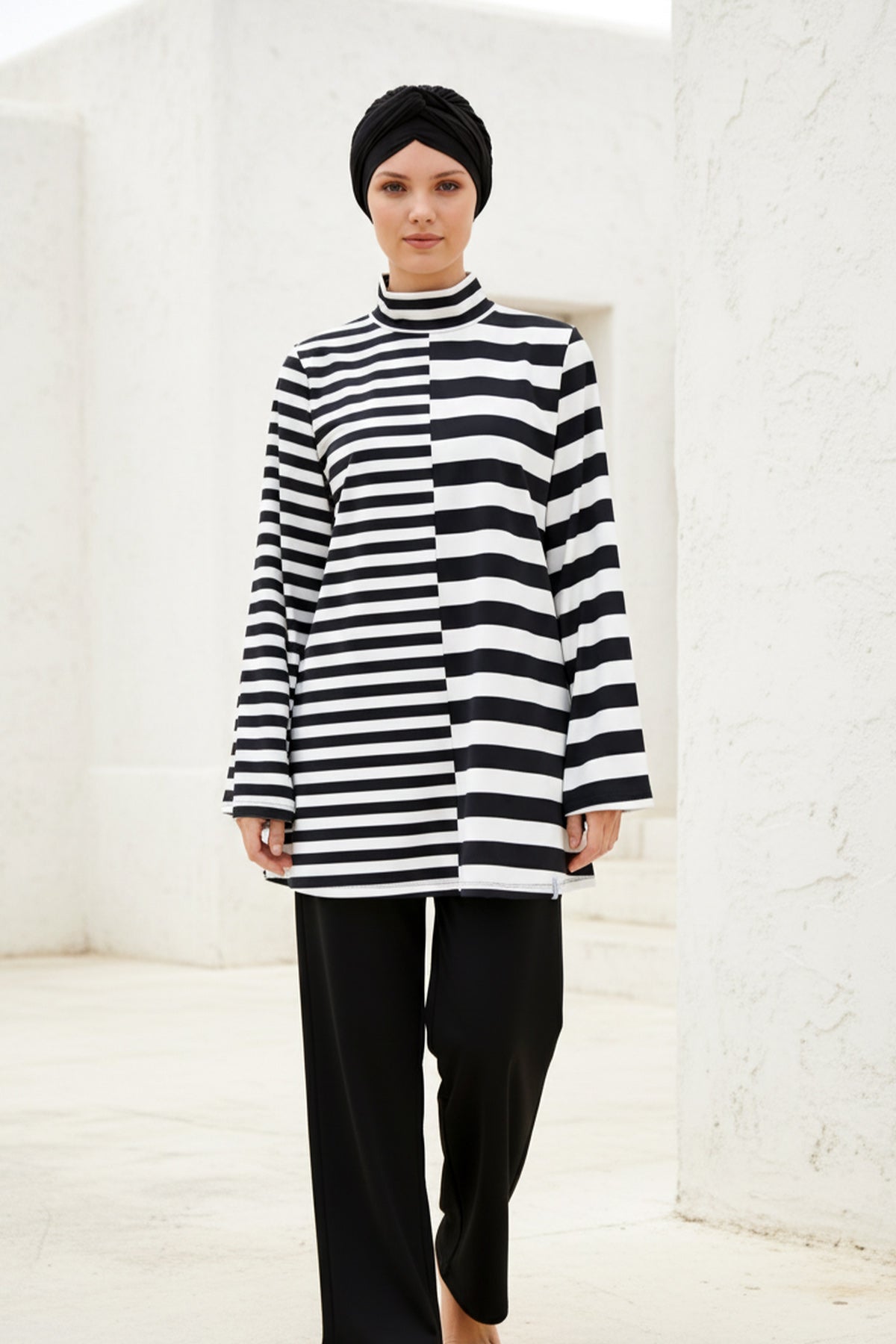 Fully Covered Black and White Striped Lycra Burkini Modest Swimwear Set – 4 Piece Model 1951