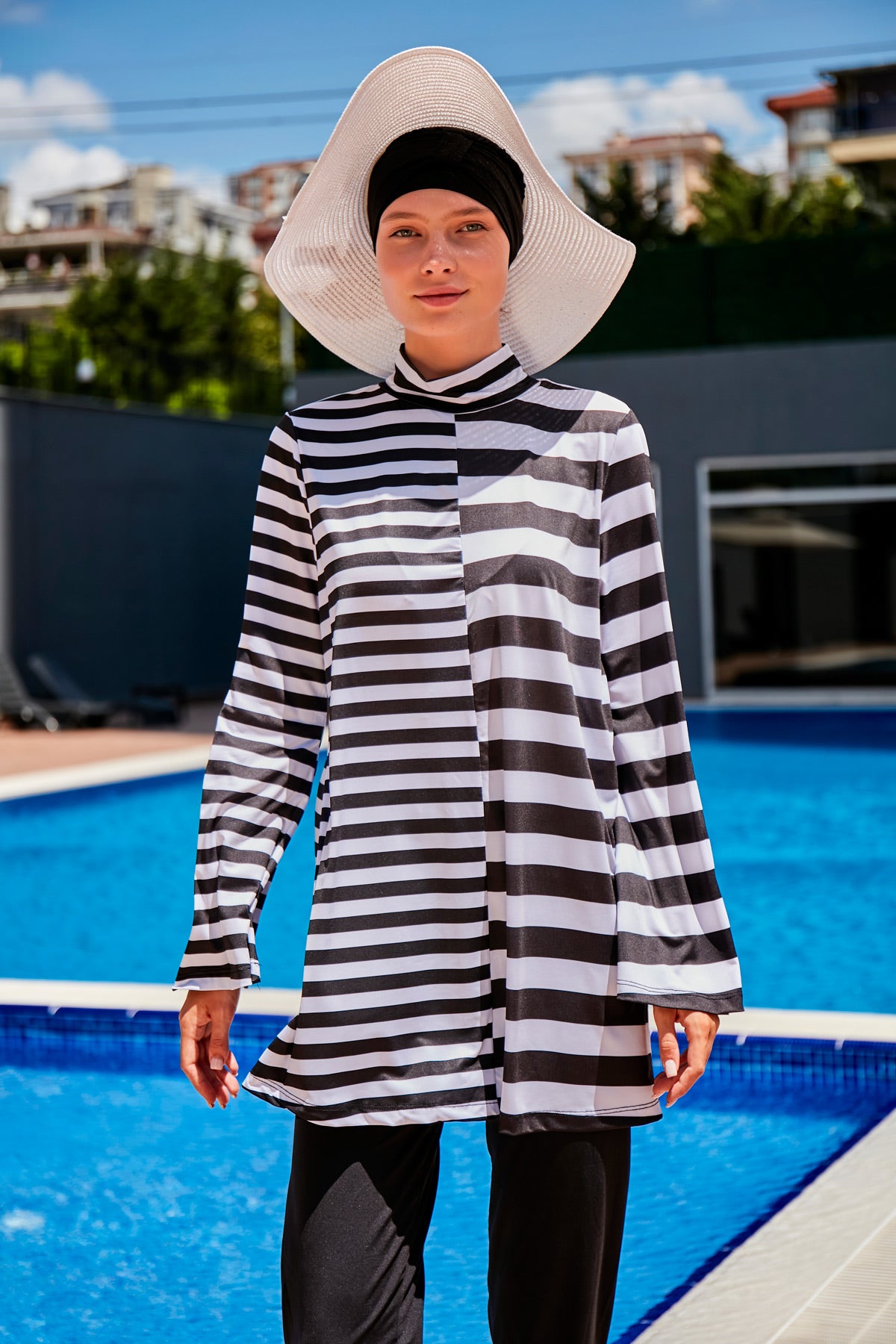 Fully Covered Black and White Striped Lycra Burkini Modest Swimwear Set – 4 Piece Model 1951
