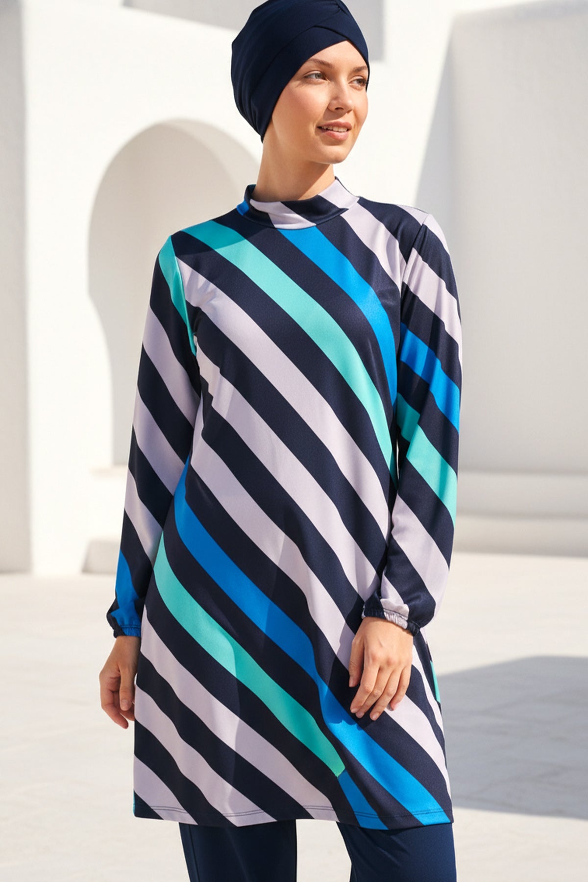 Fully Covered Navy Blue Lycra Burkini Modest Swimwear Set – 4 Piece Model 1953