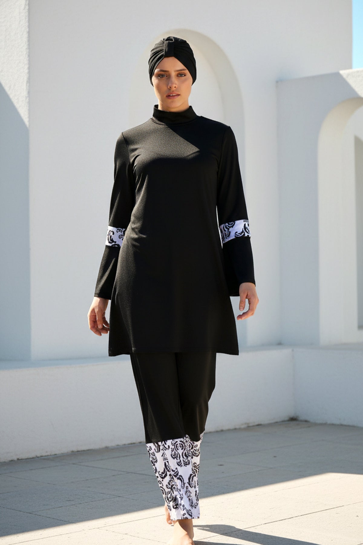 Black Pattern Detailed Modest Swimwear Set - 1958 Main image