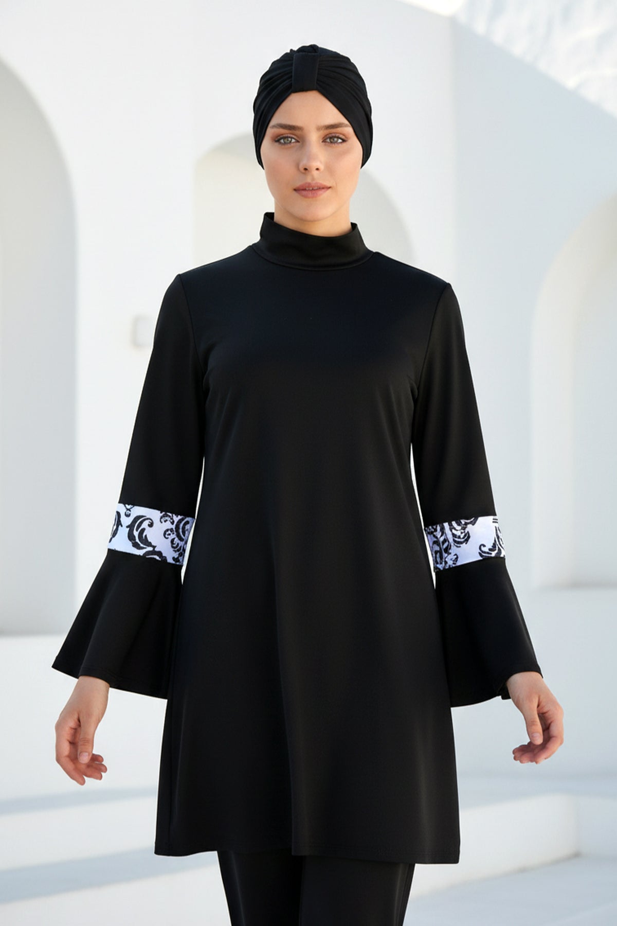 Black Pattern Detailed Modest Swimwear Set - 1958