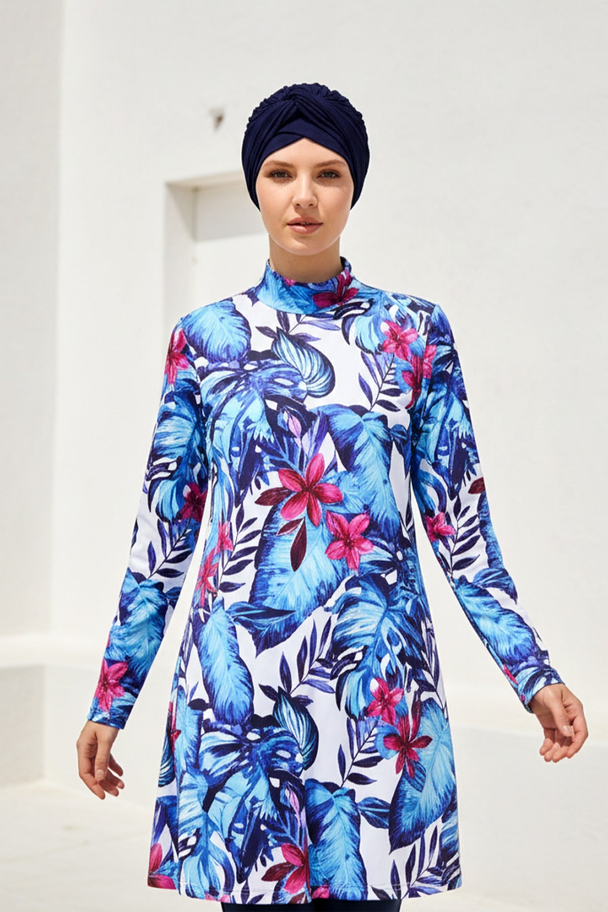 Fully Covered Navy Blue Floral Patterned Lycra Burkini Modest Swimwear Set – 4 Piece Model 1965