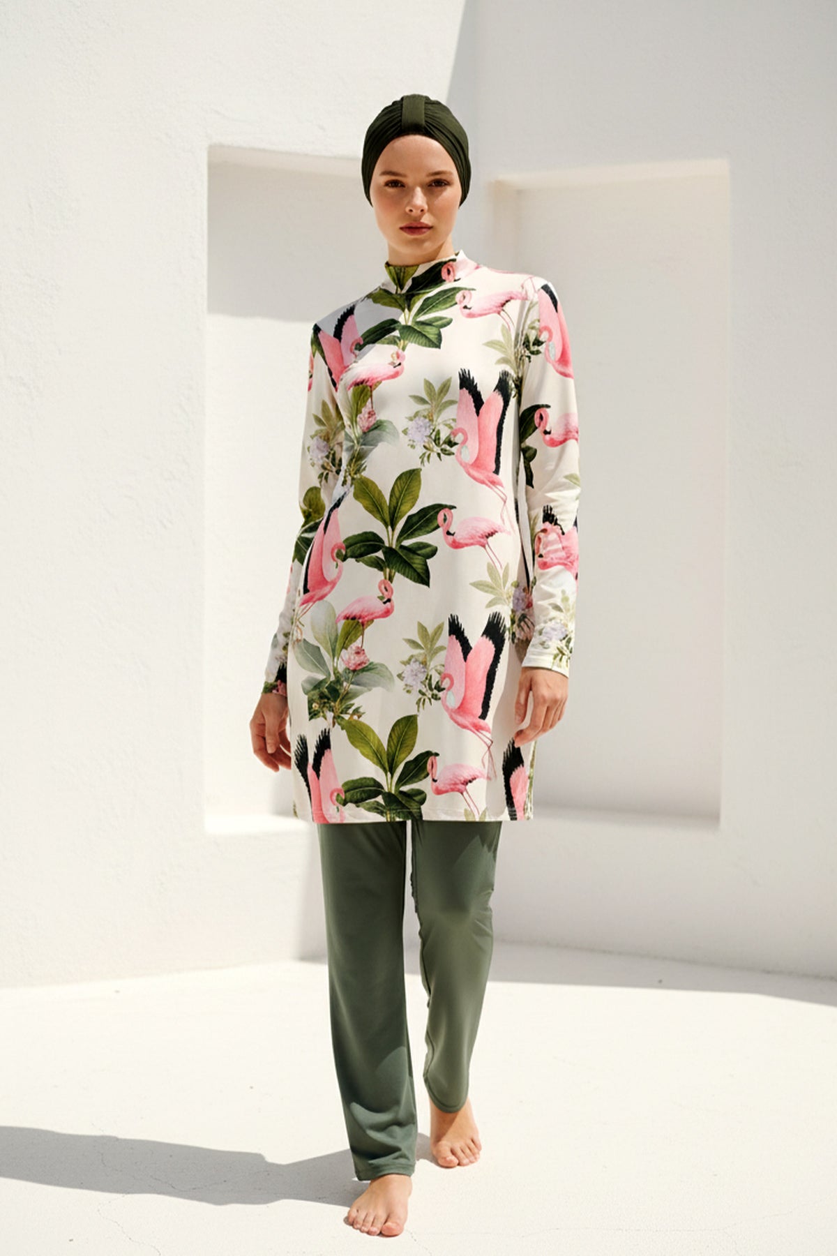 Fully Covered Khaki Patterned Lycra Burkini Modest Swimwear Set – 4 Piece Model 1966 Main image