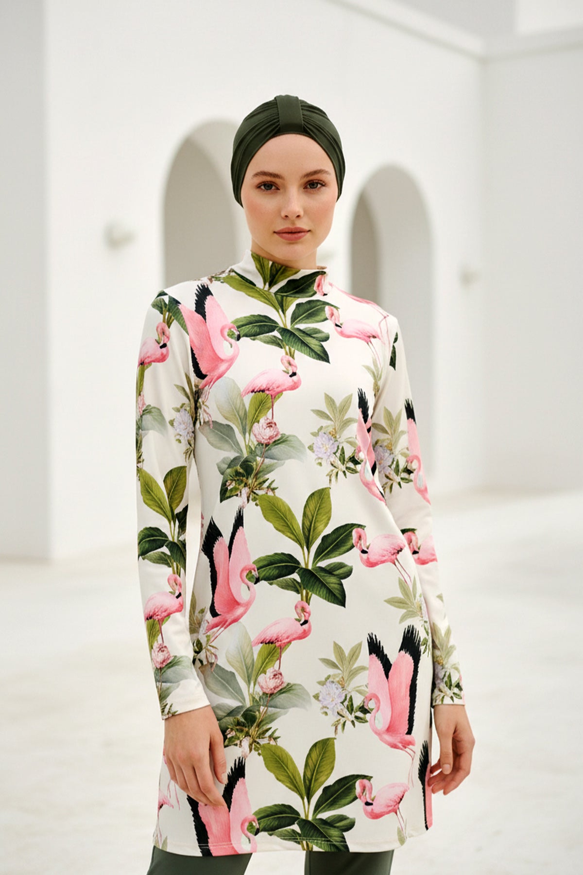 Fully Covered Khaki Patterned Lycra Burkini Modest Swimwear Set – 4 Piece Model 1966