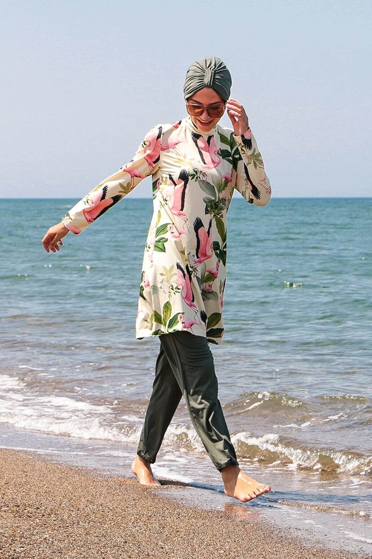 Fully Covered Khaki Patterned Lycra Burkini Modest Swimwear Set – 4 Piece Model 1966