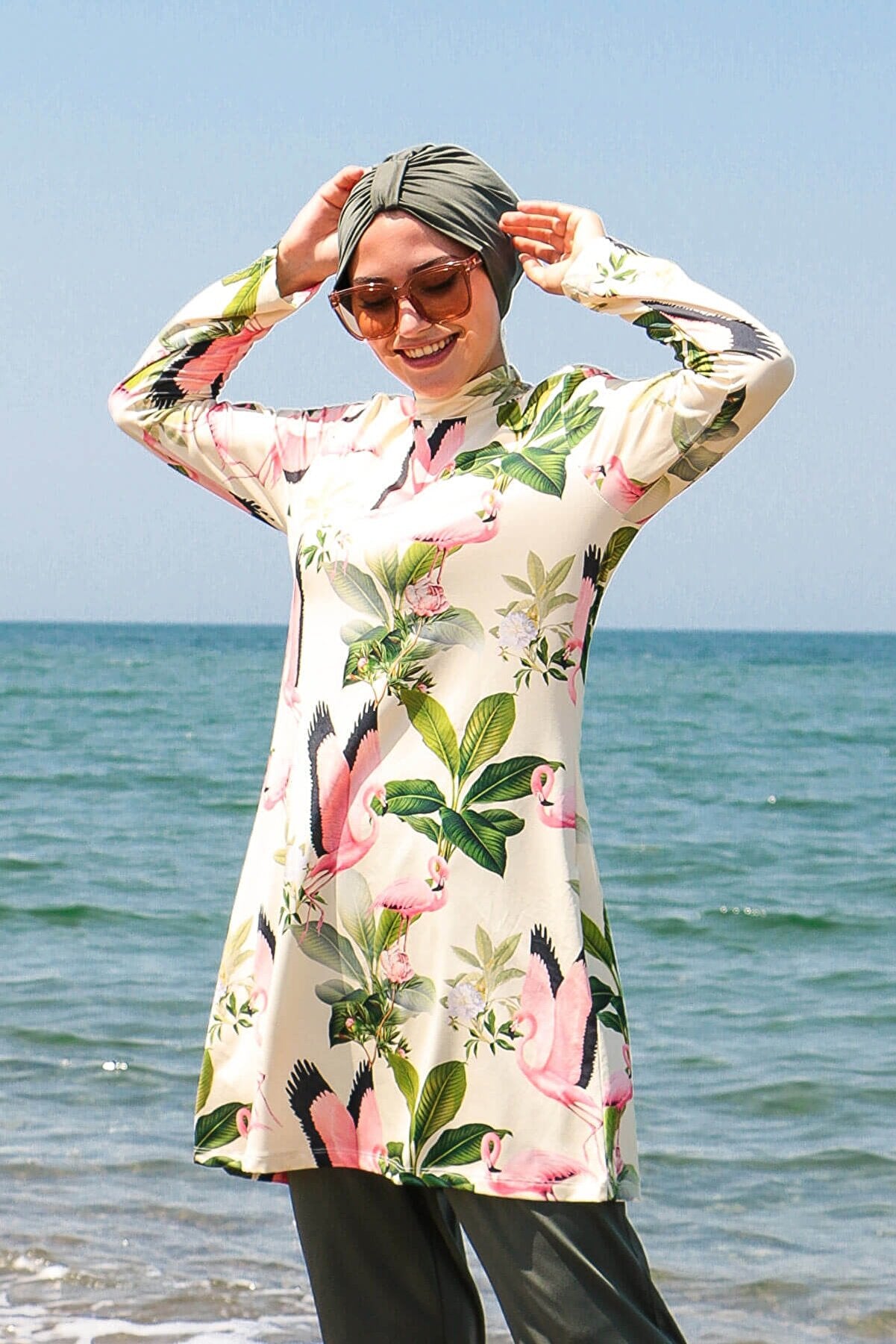 Fully Covered Khaki Patterned Lycra Burkini Modest Swimwear Set – 4 Piece Model 1966