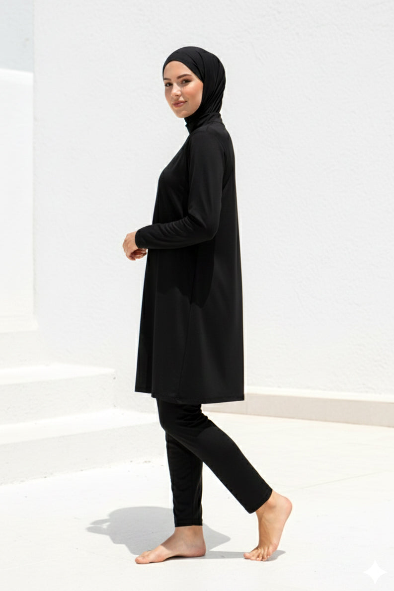 Fully Covered Black Lycra Burkini Modest Swimwear Set – 4 Piece Model 1969