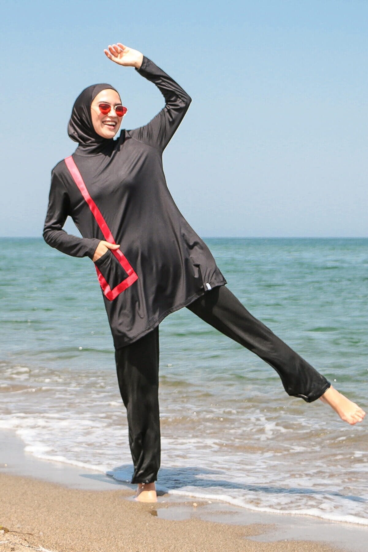 Fully Covered Black Lycra Burkini Modest Swimwear Set with Red Accents – 4 Piece Model M2109