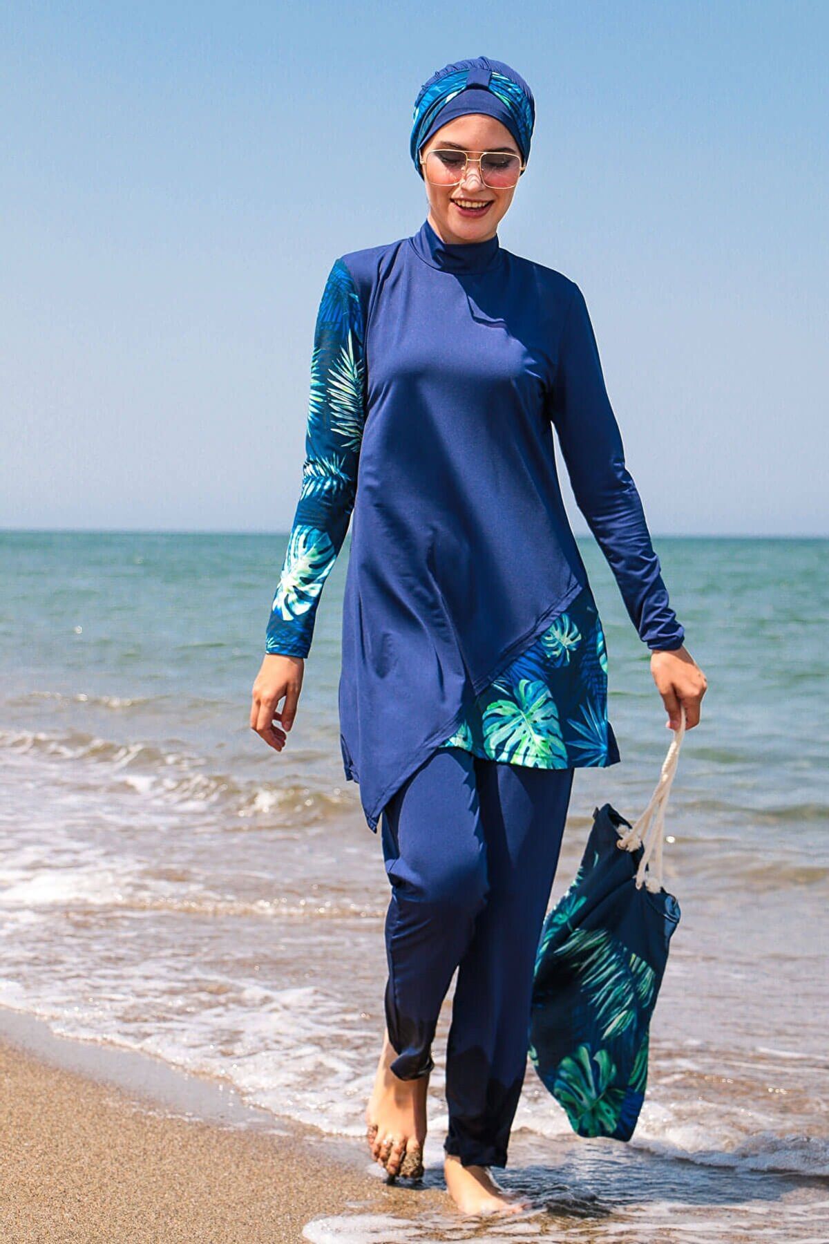 Fully Covered Khaki Patterned Lycra Burkini Modest Swimwear Set – 4 Piece Model 1966