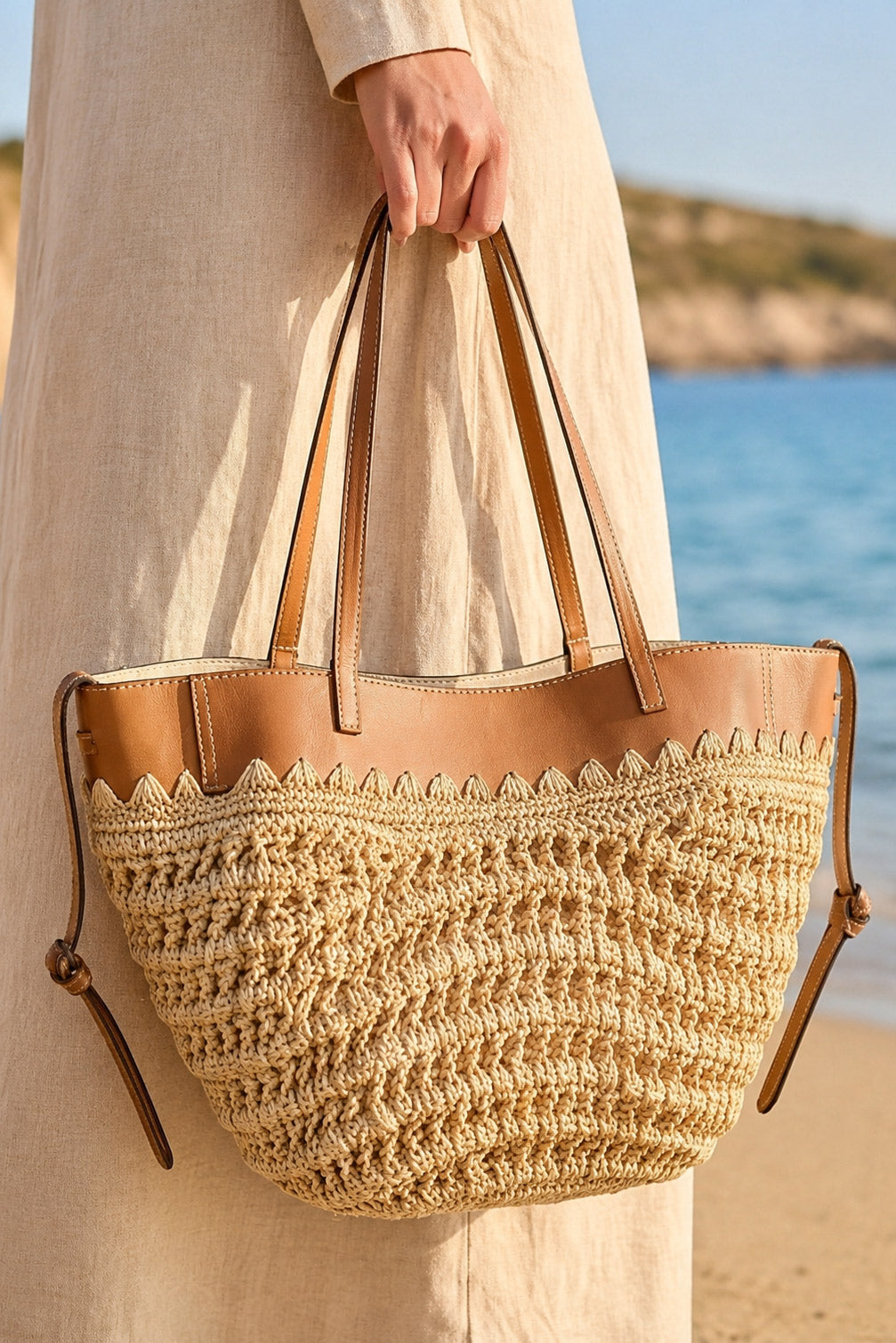 Beige Straw Bag with Leather Details - CNT2604-1 صورة ثانوية