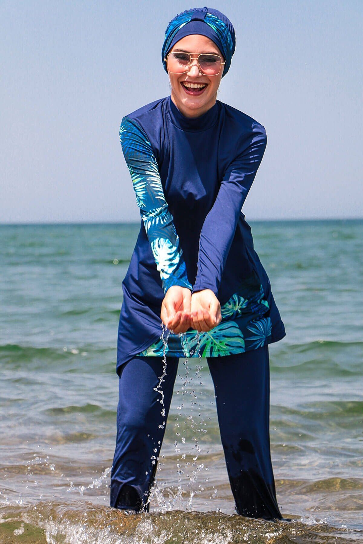 Fully Covered Khaki Patterned Lycra Burkini Modest Swimwear Set – 4 Piece Model 1966