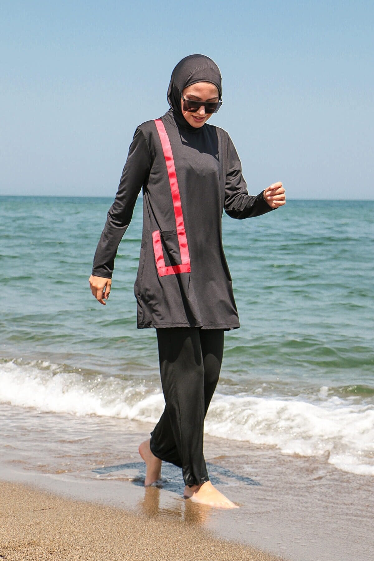 Fully Covered Black Lycra Burkini Modest Swimwear Set with Red Accents – 4 Piece Model M2109
