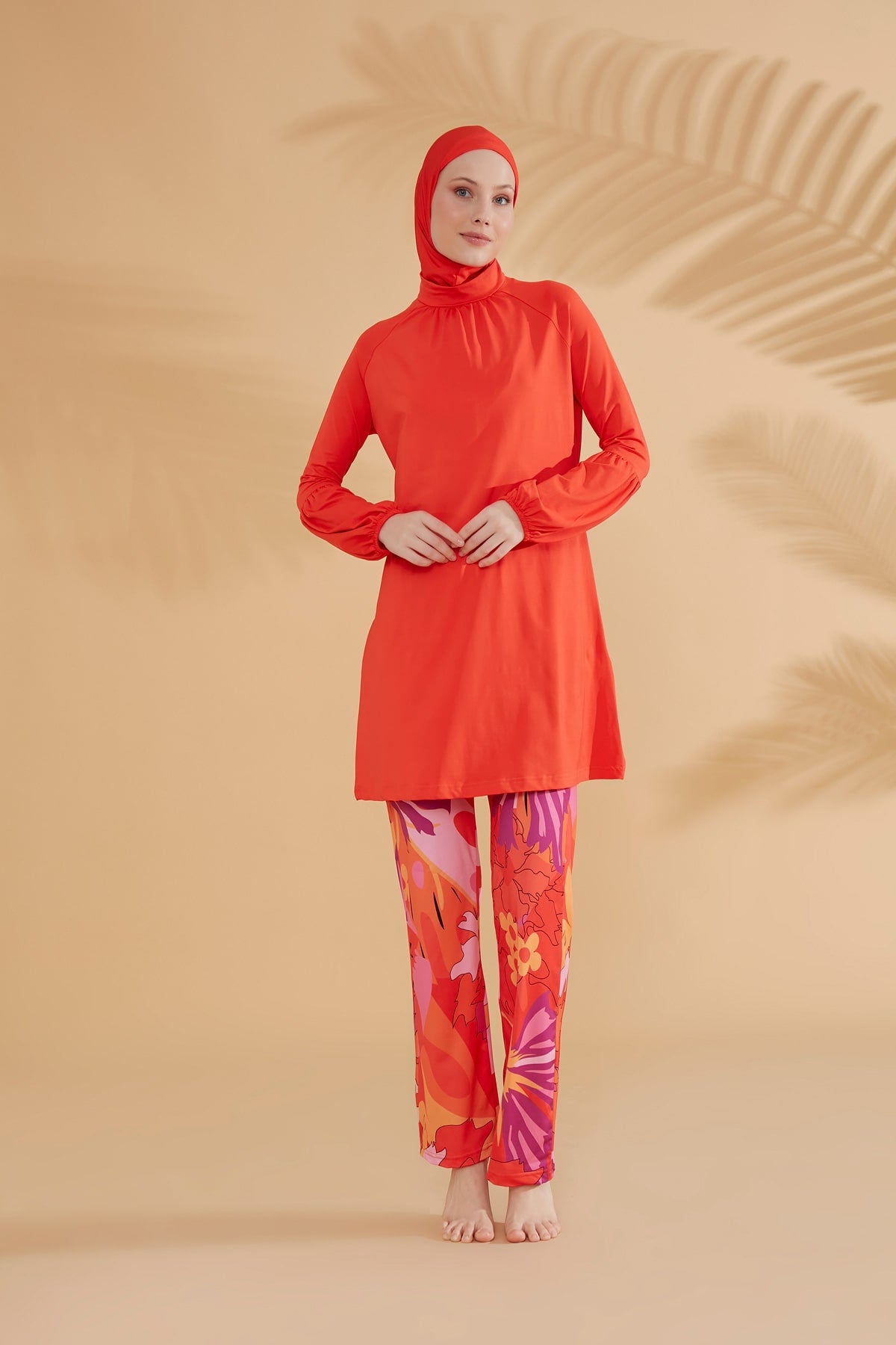 Girls Modest Teen Swimwear Orange Floral 4-Piece Set G2317