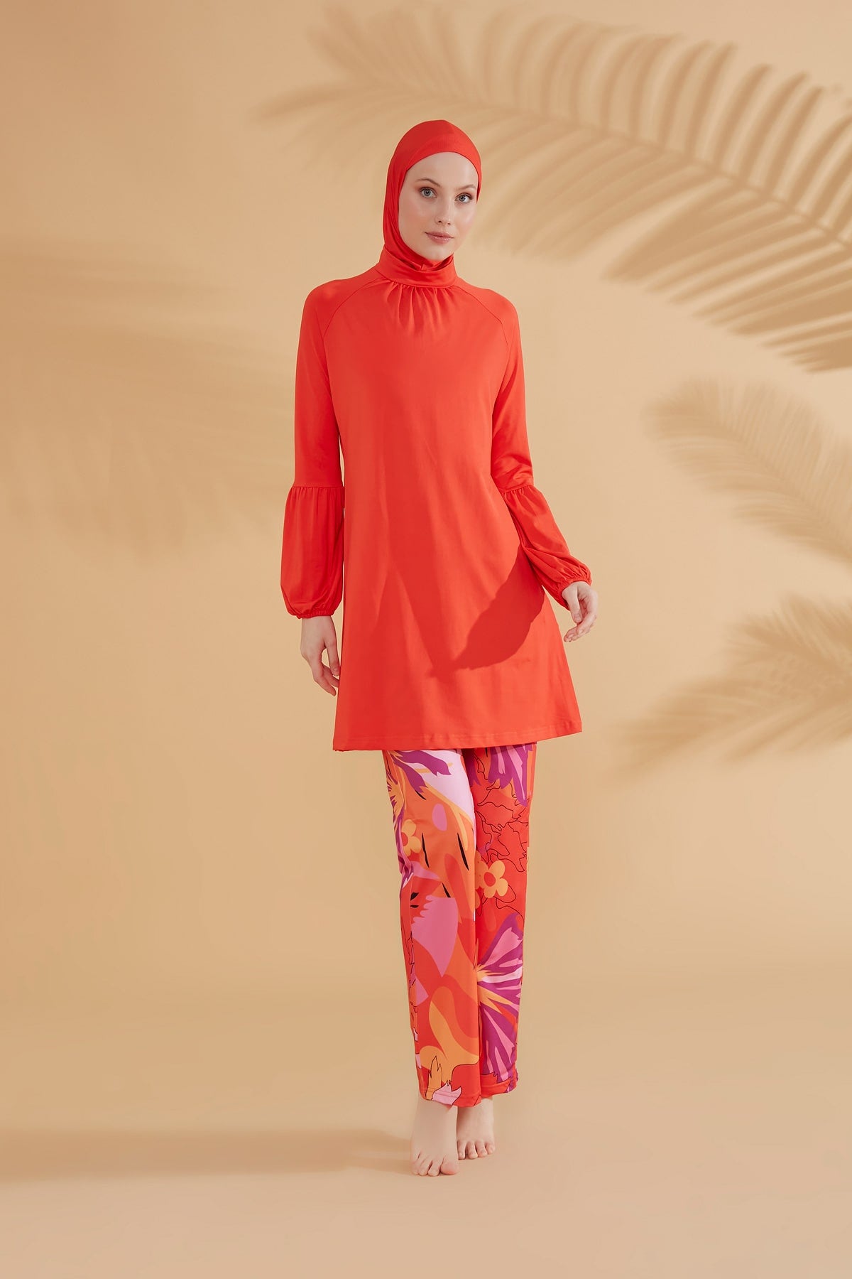 Girls Modest Teen Swimwear Orange Floral 4-Piece Set G2317
