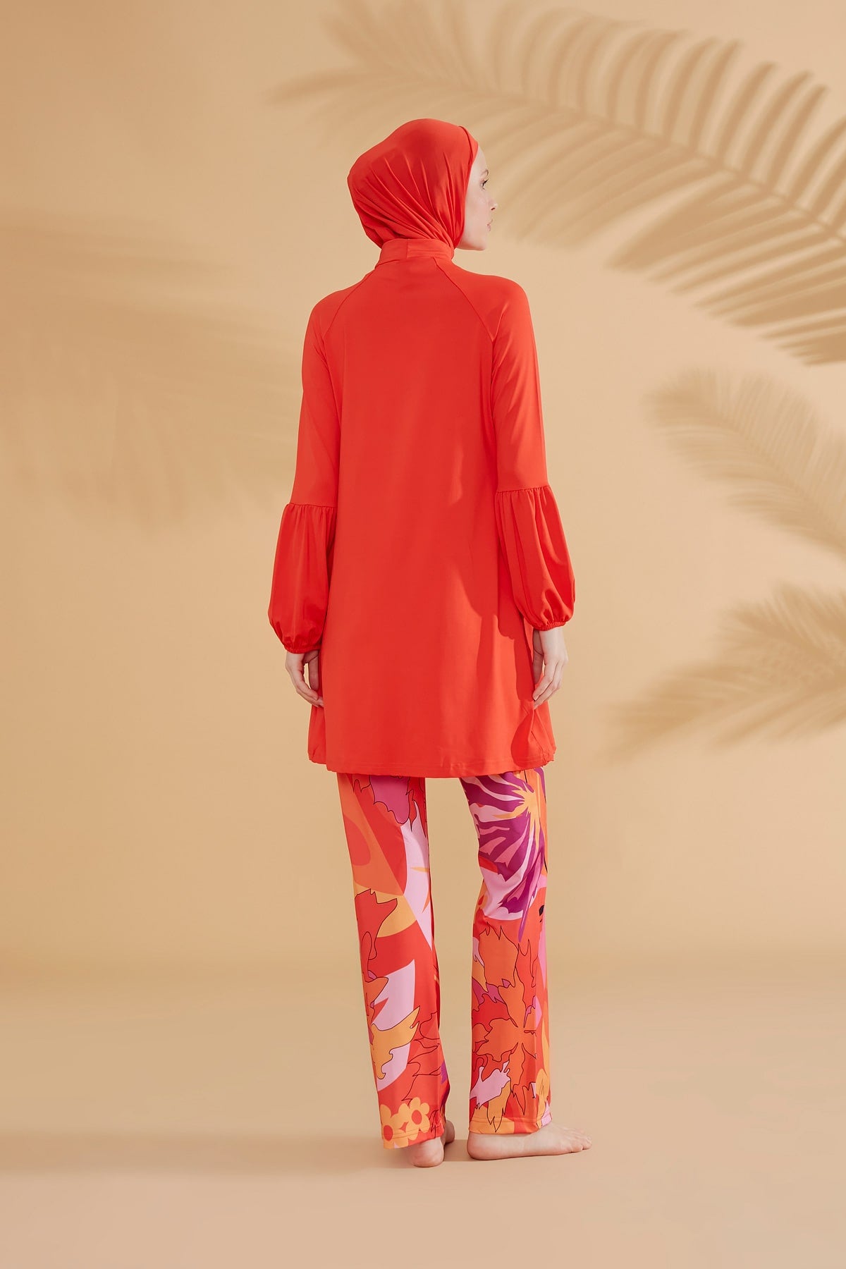 Girls Modest Teen Swimwear Orange Floral 4-Piece Set G2317