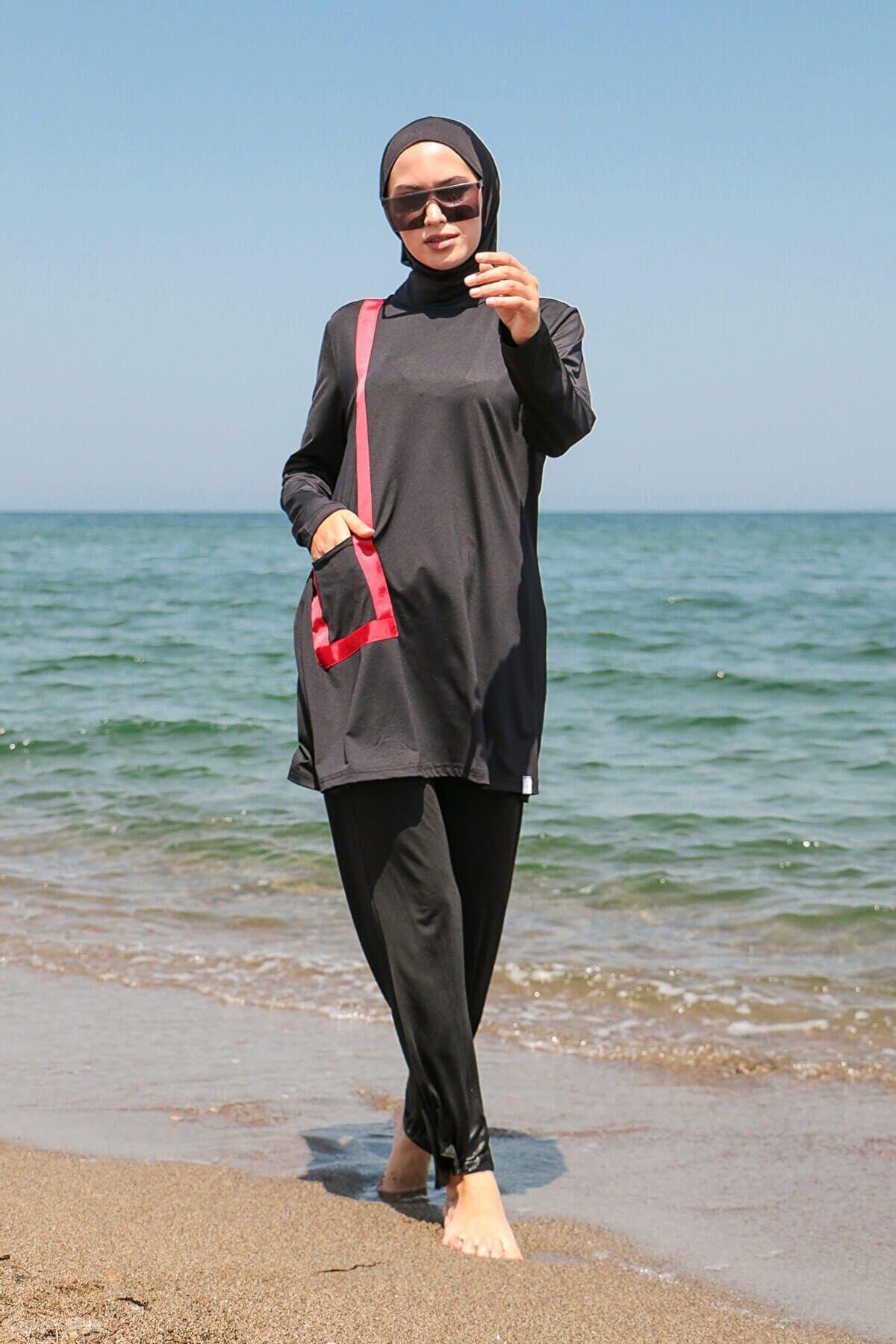 Fully Covered Black Lycra Burkini Modest Swimwear Set with Red Accents – 4 Piece Model M2109
